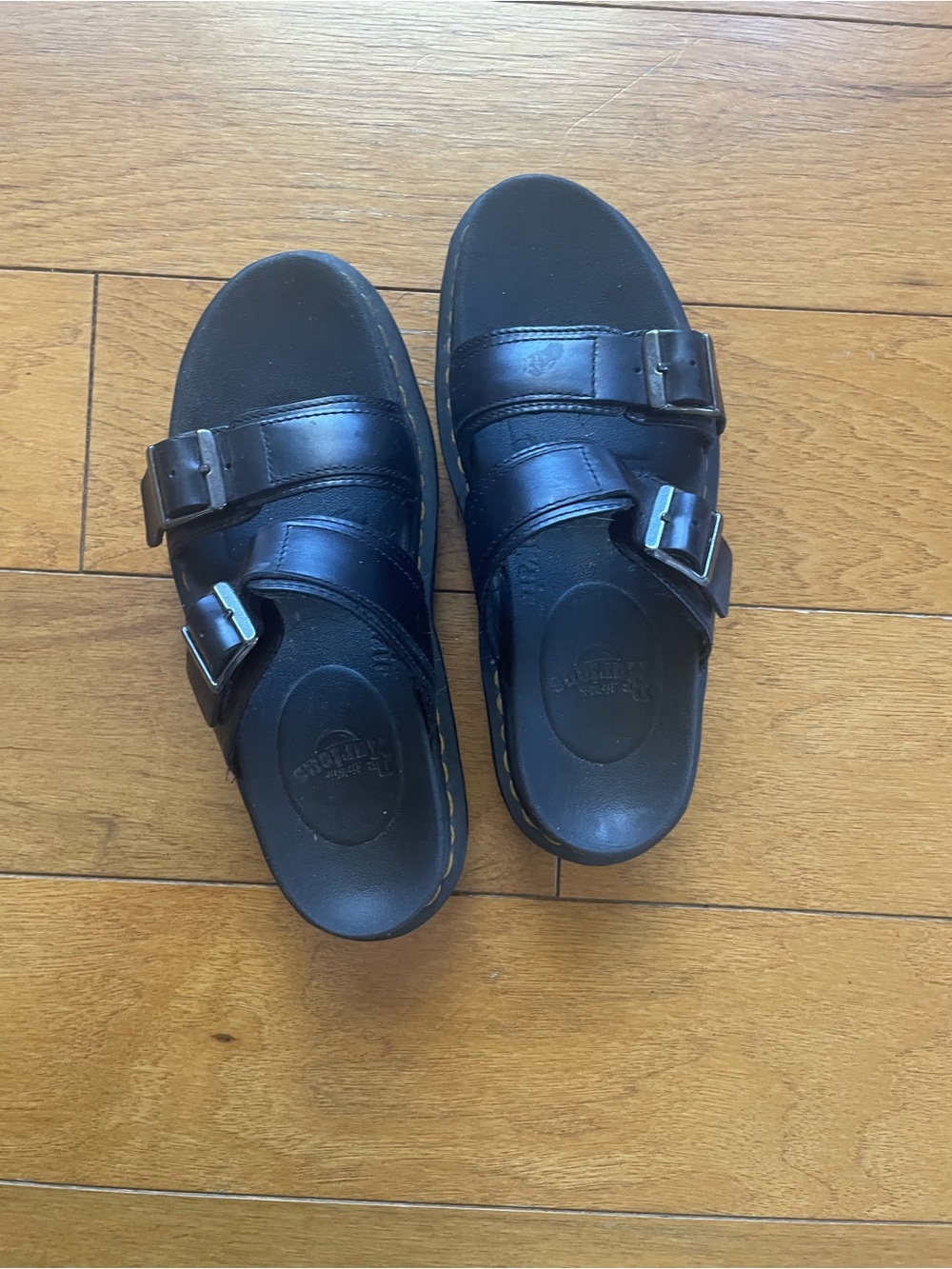 Dr. Martens Black Leather Double Buckle Slide Sandals